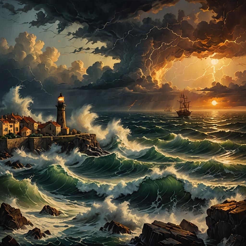 Stormy Sunset Seascape in Oil Painting Style