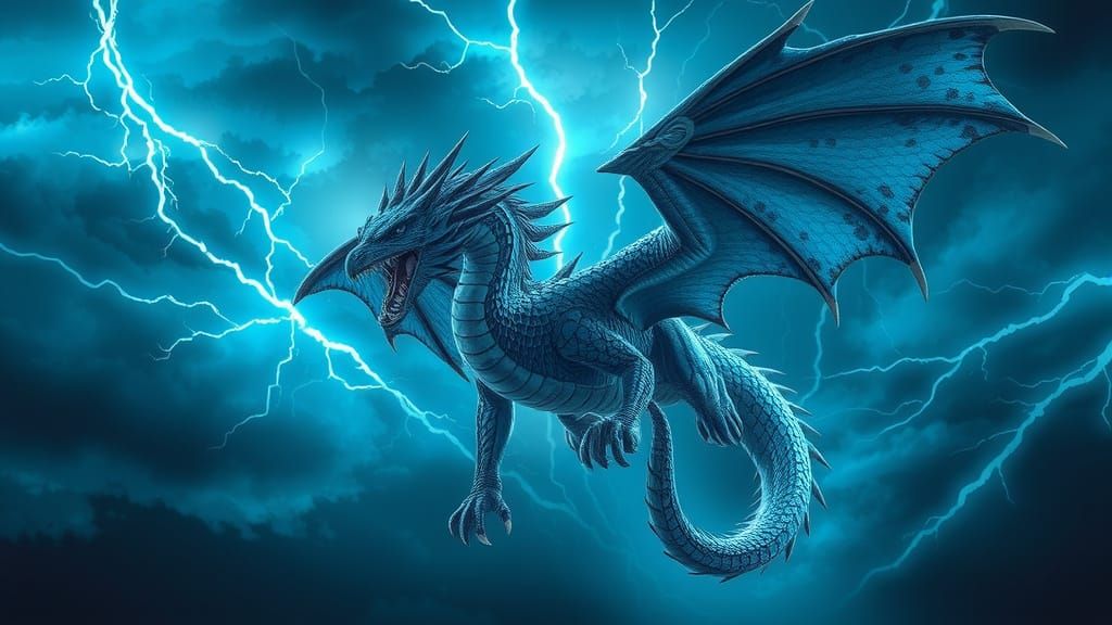 Blue Dragon in Stormy Sky, Hyperrealistic Style
