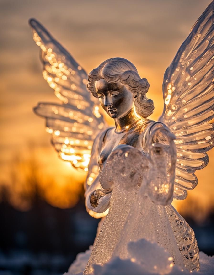 Sparkling Angel Ice Sculpture at Sunset