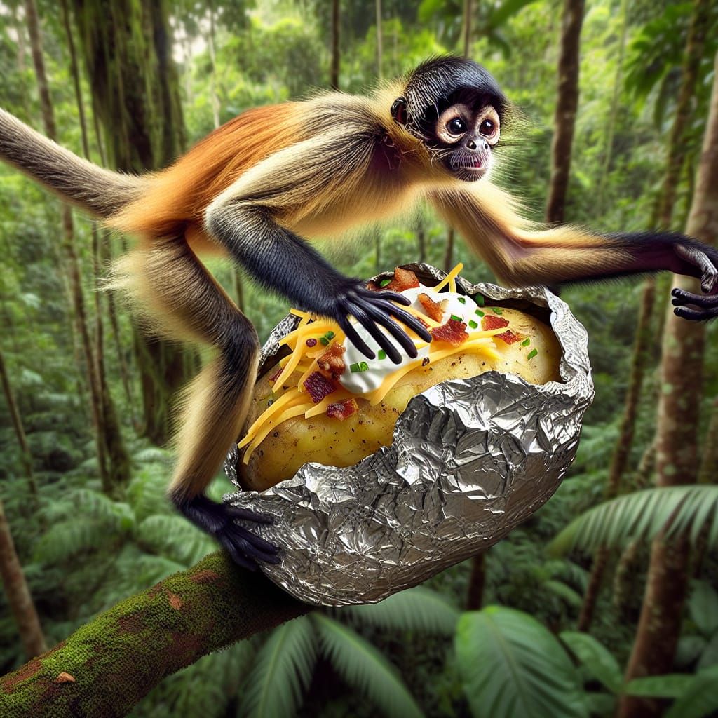 Spider Monkey Swings Through Rainforest with Loaded Baked Po...