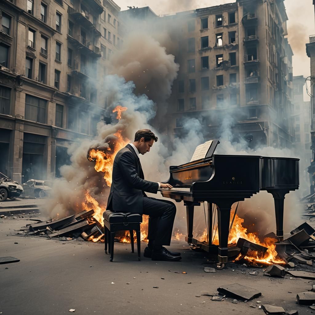 Cinematic Piano Player Amidst Burning City