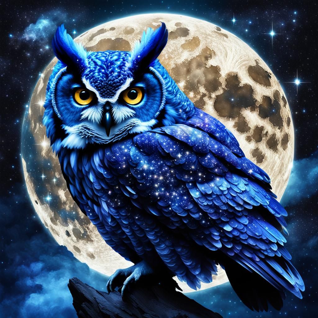 Double exposure of a majestic blue owl wizard with stars and galaxies, set against a moon light fantasy sky.