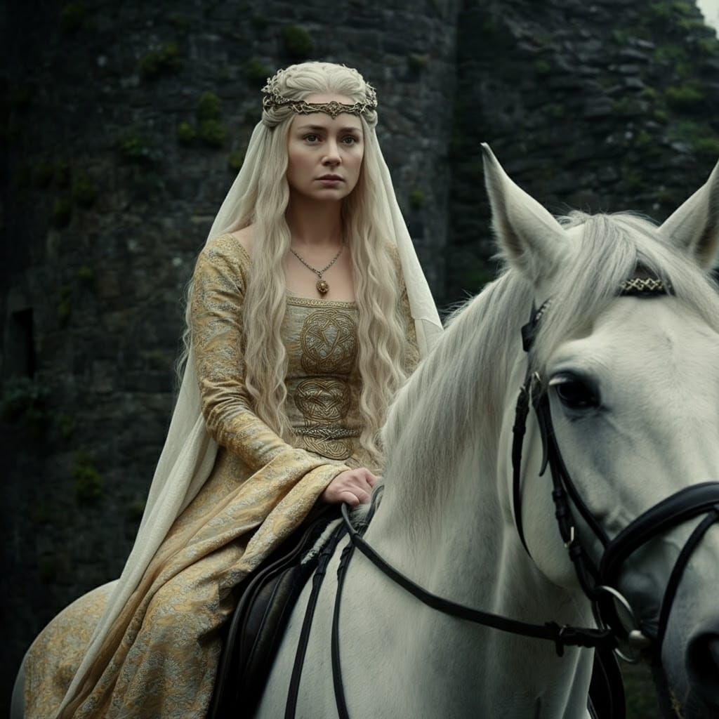 Regal Welsh Goddess Rides Majestic White Stallion in Front o...