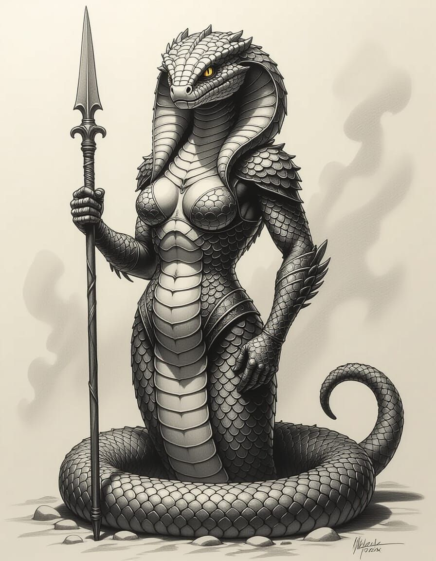 Detailed Serpent Creature with Spear in Greyscale