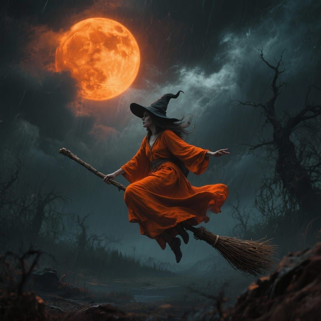 Witch Soaring on Broomstick Under Harvest Moon