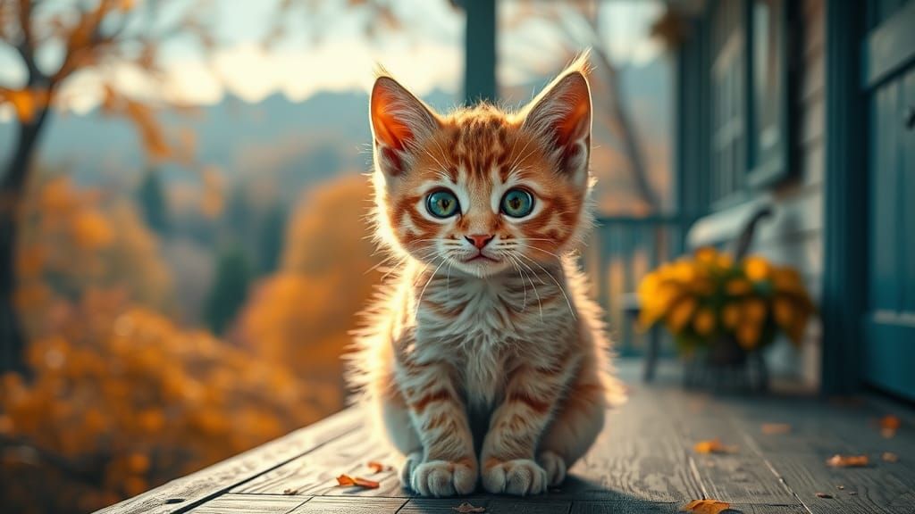Cute Kitten Enjoying Autumn Landscape, Hyperdetailed Art