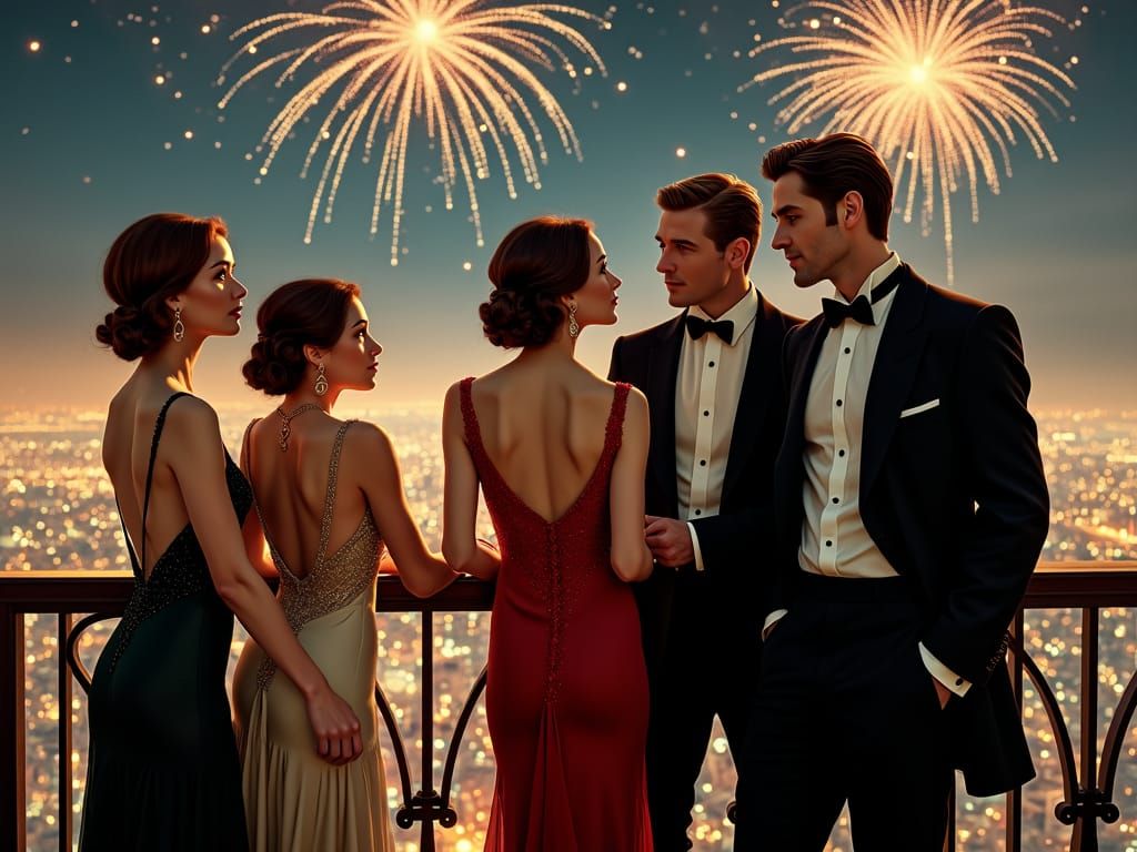 1920s Rooftop Party Under Fireworks