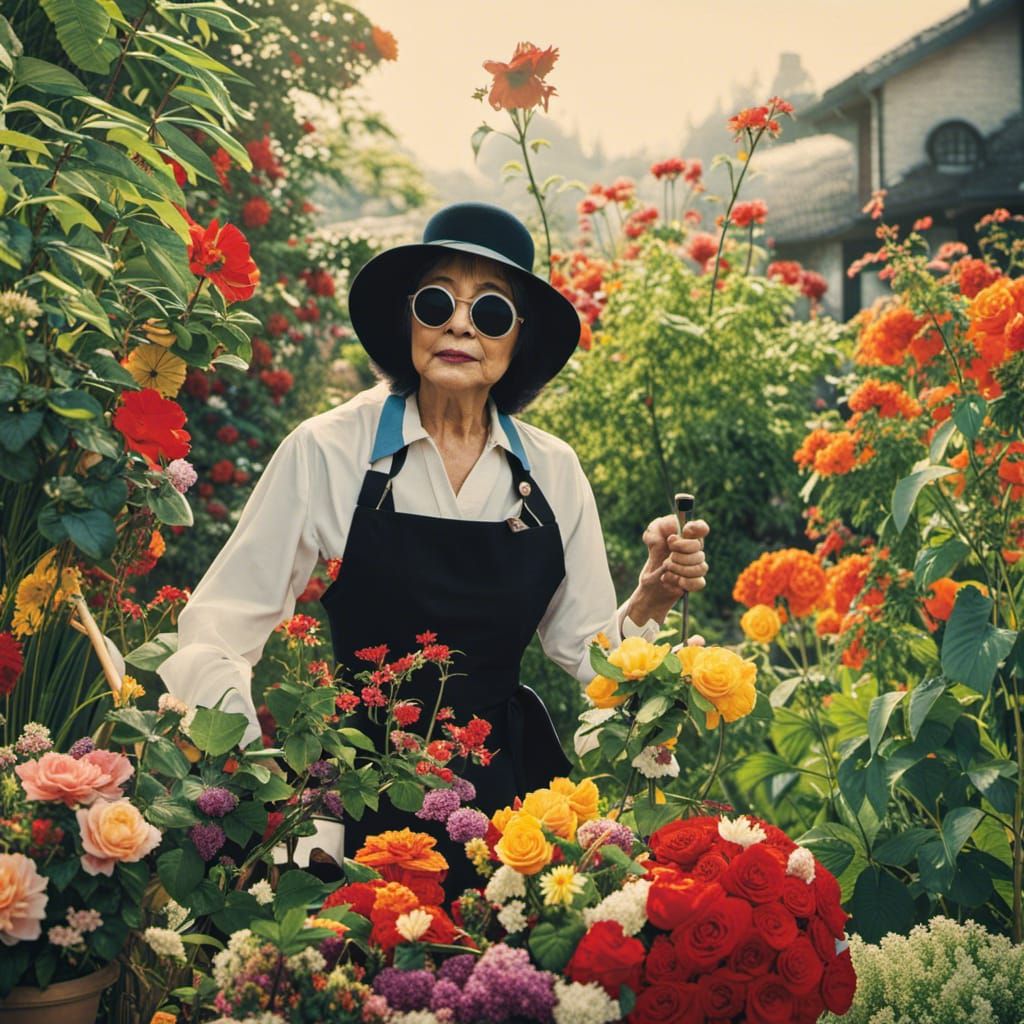 Yoko Ono as a gardener, pruning and tending to vibrant flowe...
