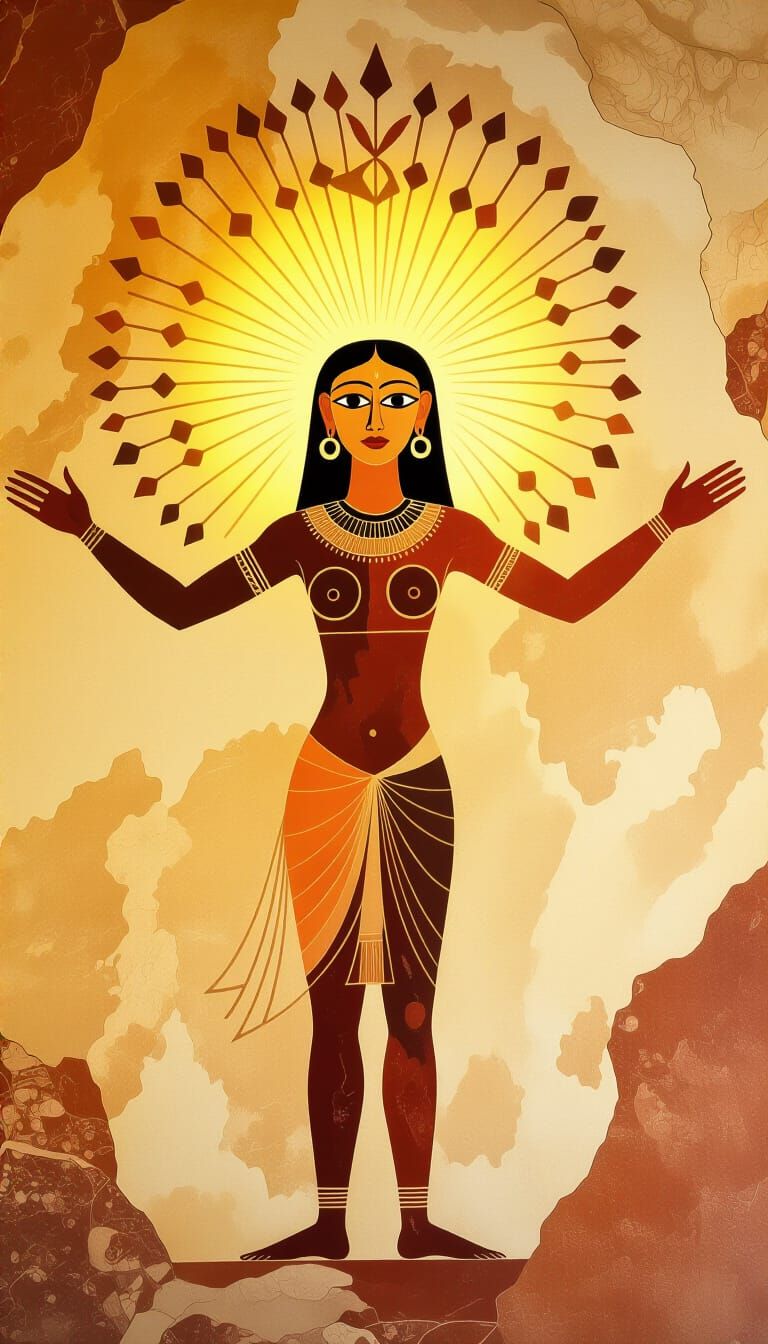 Ancient Cave Painting of Stylized Figure with Radiant Halo