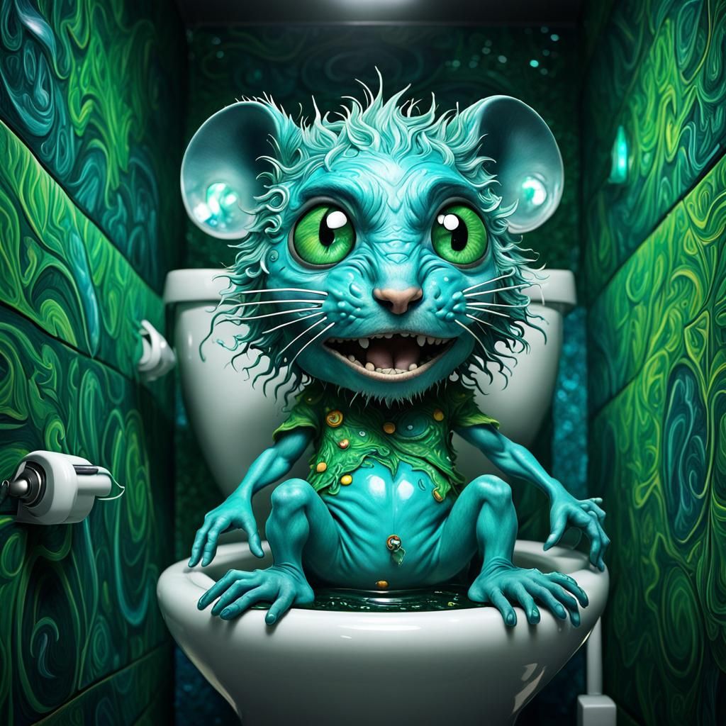 Angry Aqua Chibi Mouse on Toilet, Psychedelic Art