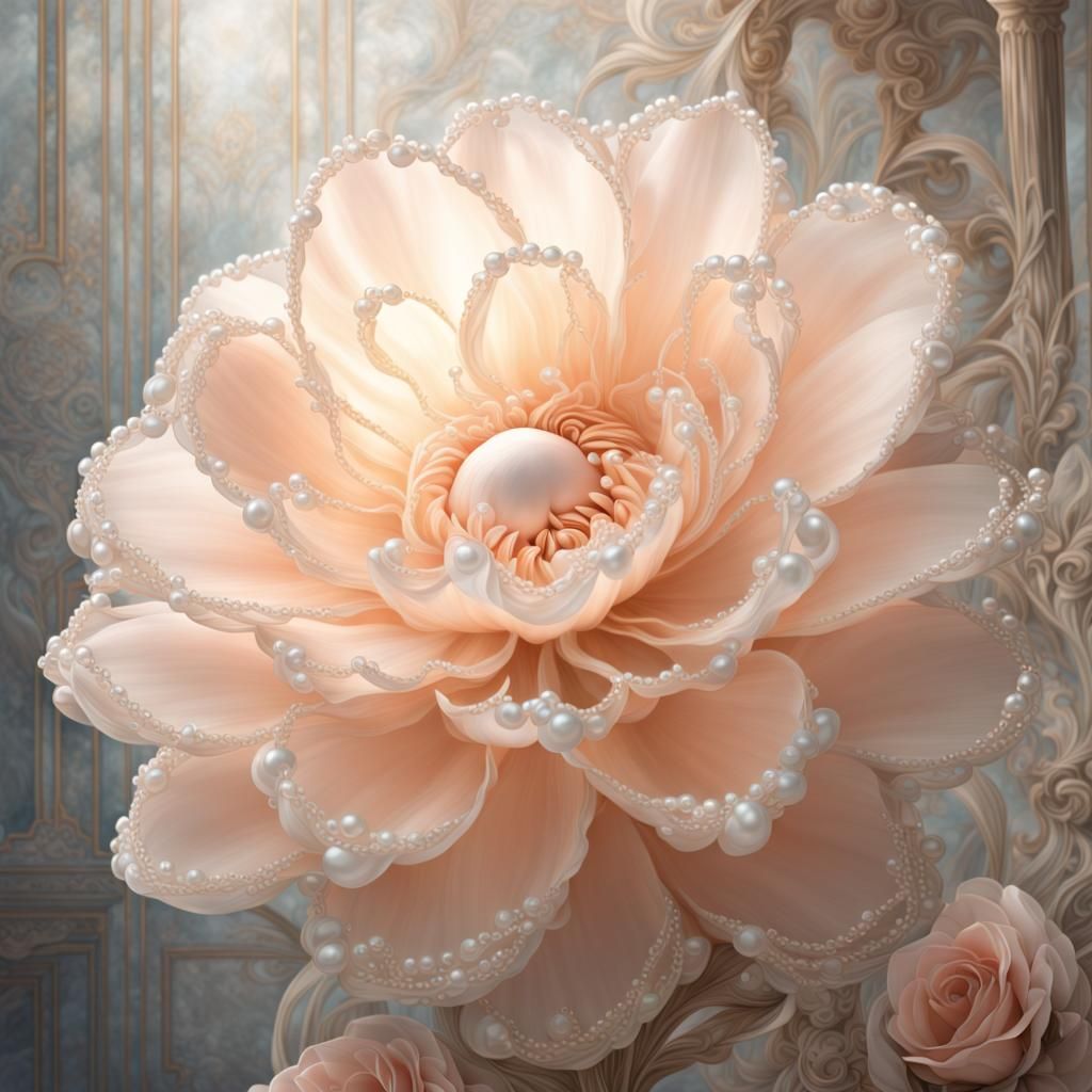 Pale Peach Flower with Glistening Pearls