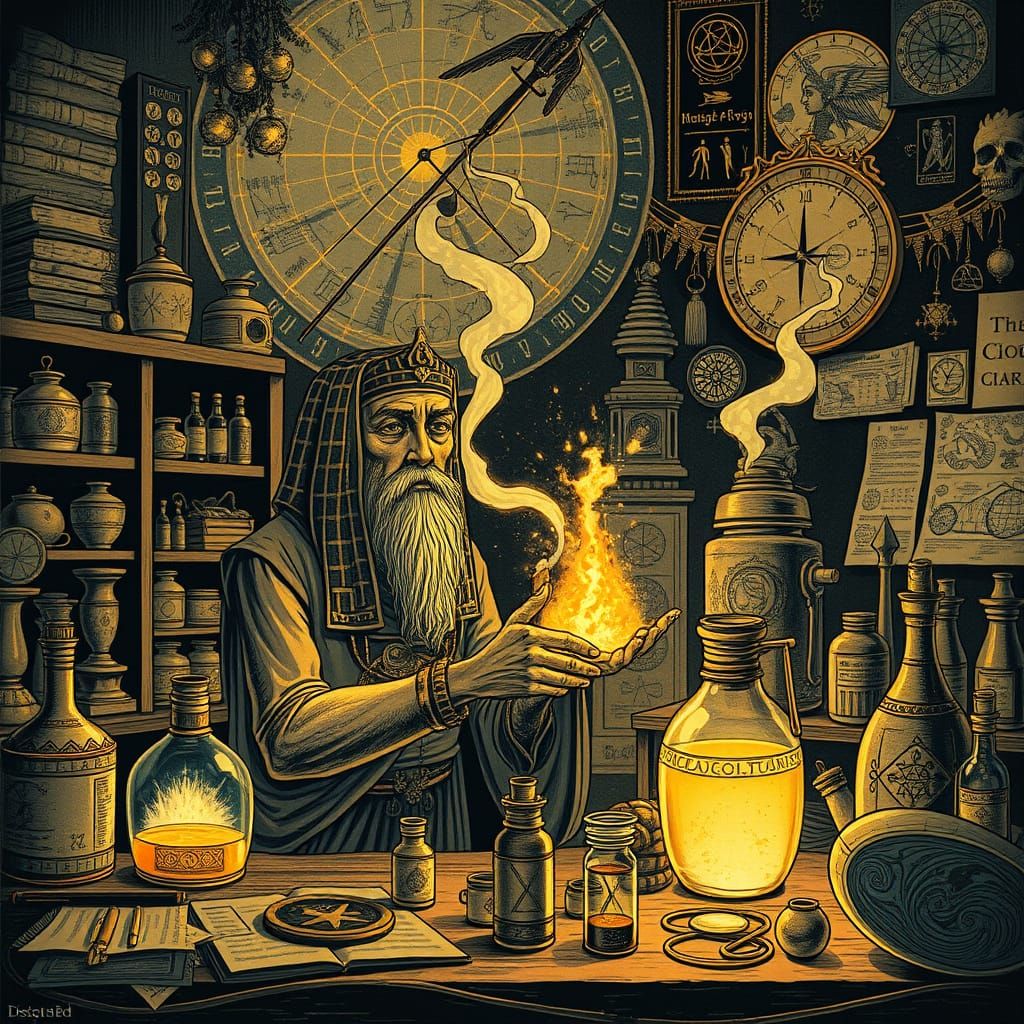 Egyptian Alchemist Mixing Glowing Potions, Vintage Illustrat...
