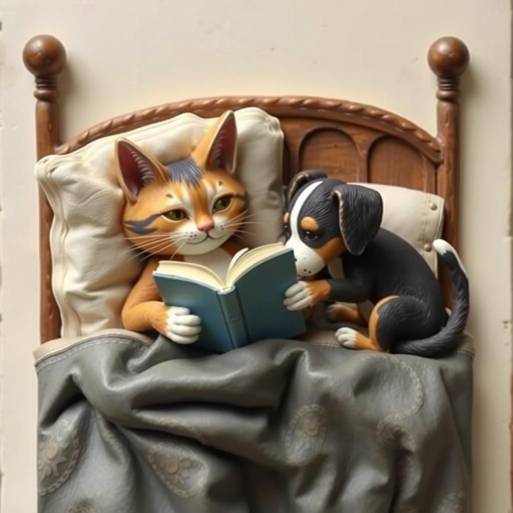 Charming Cat Reads to Puppy, Folk Art Style