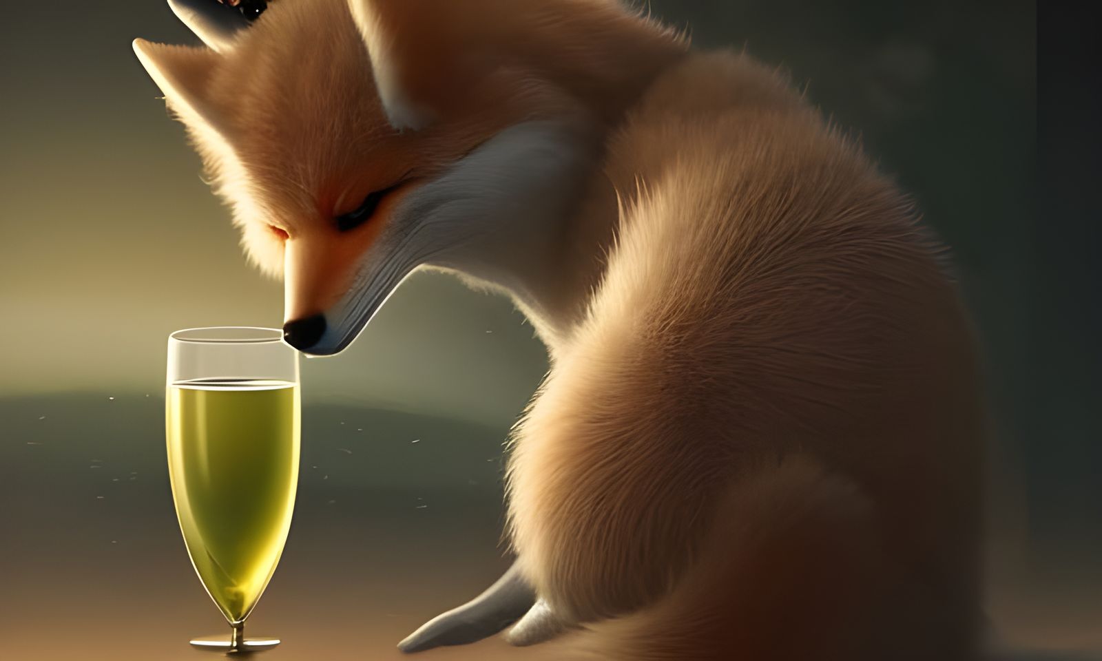 Cute Kitsune in Wine Glass, Detailed Digital Art
