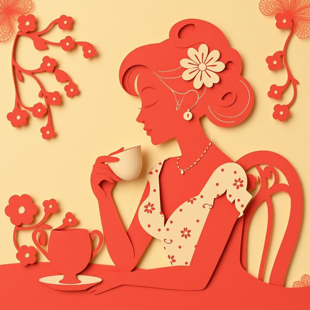 Retro-Style Lady Sips Tea from a Delicate Kirigami Cup