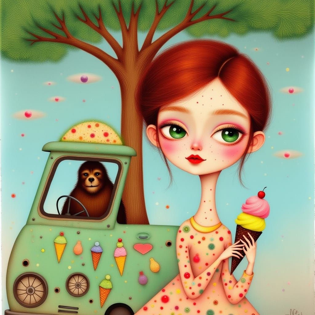 Watercolor Portrait: Woman, Ice Cream, and Sasquatch