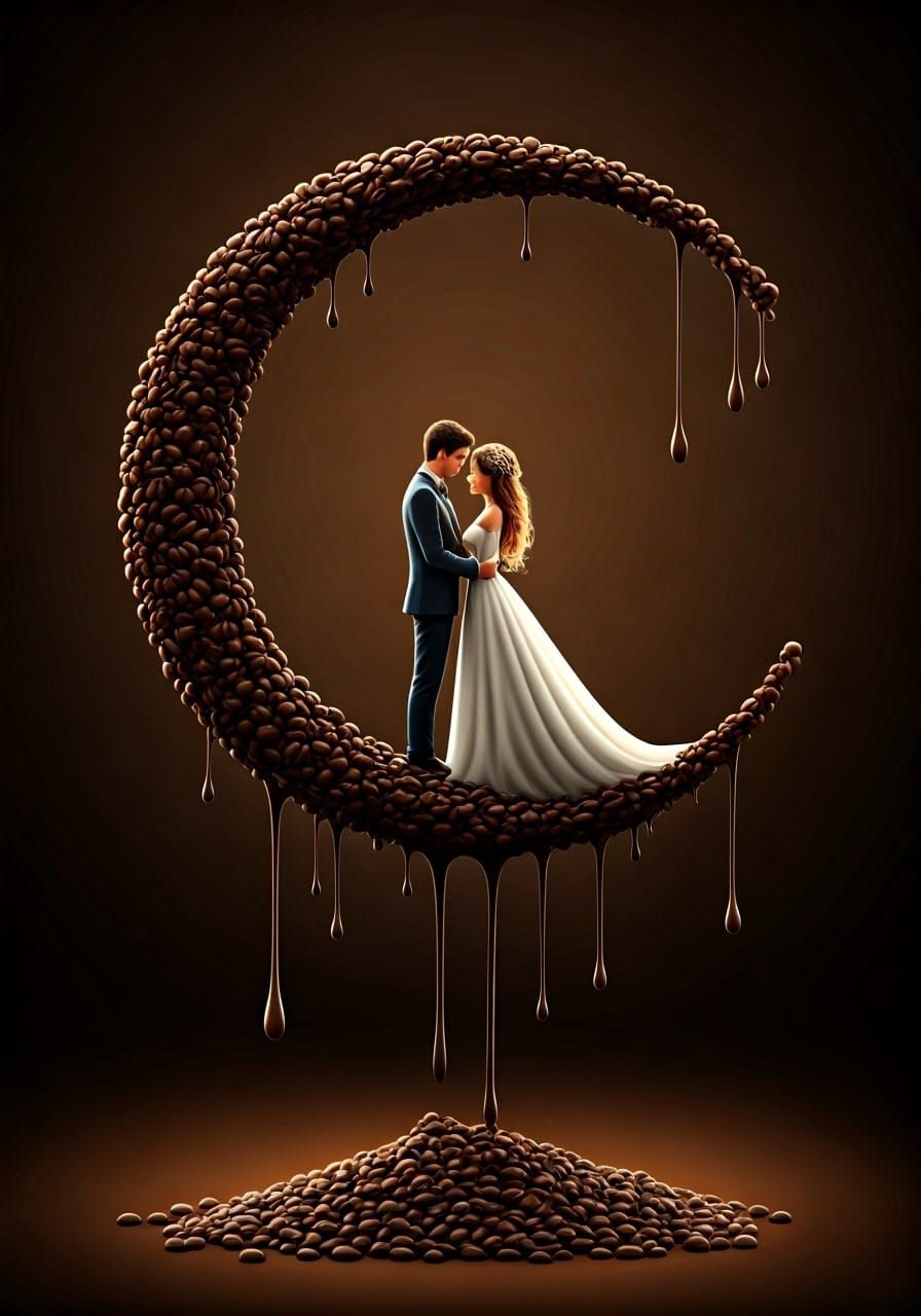 Coffee Bean Crescent Moon Wedding: 3D Digital Art