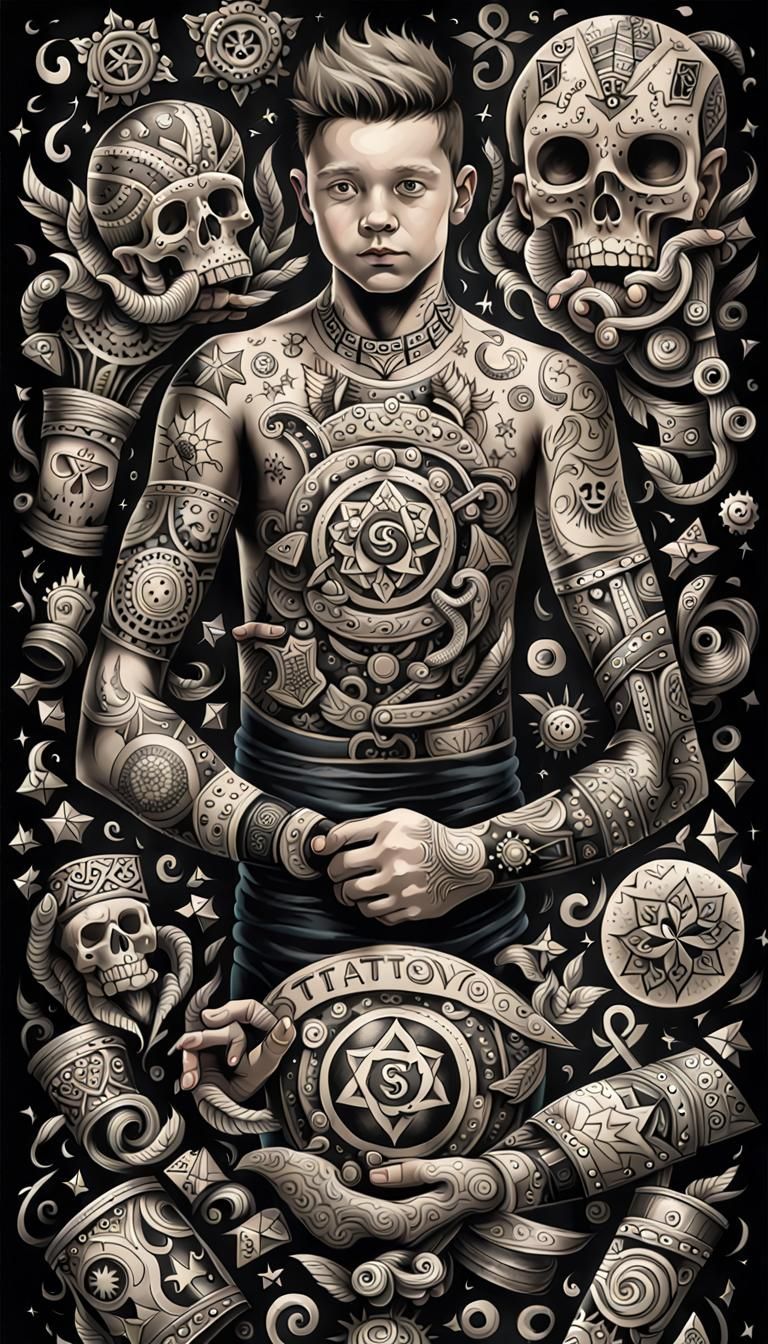 Boy Covered in Tattoos in Tattoo Shop