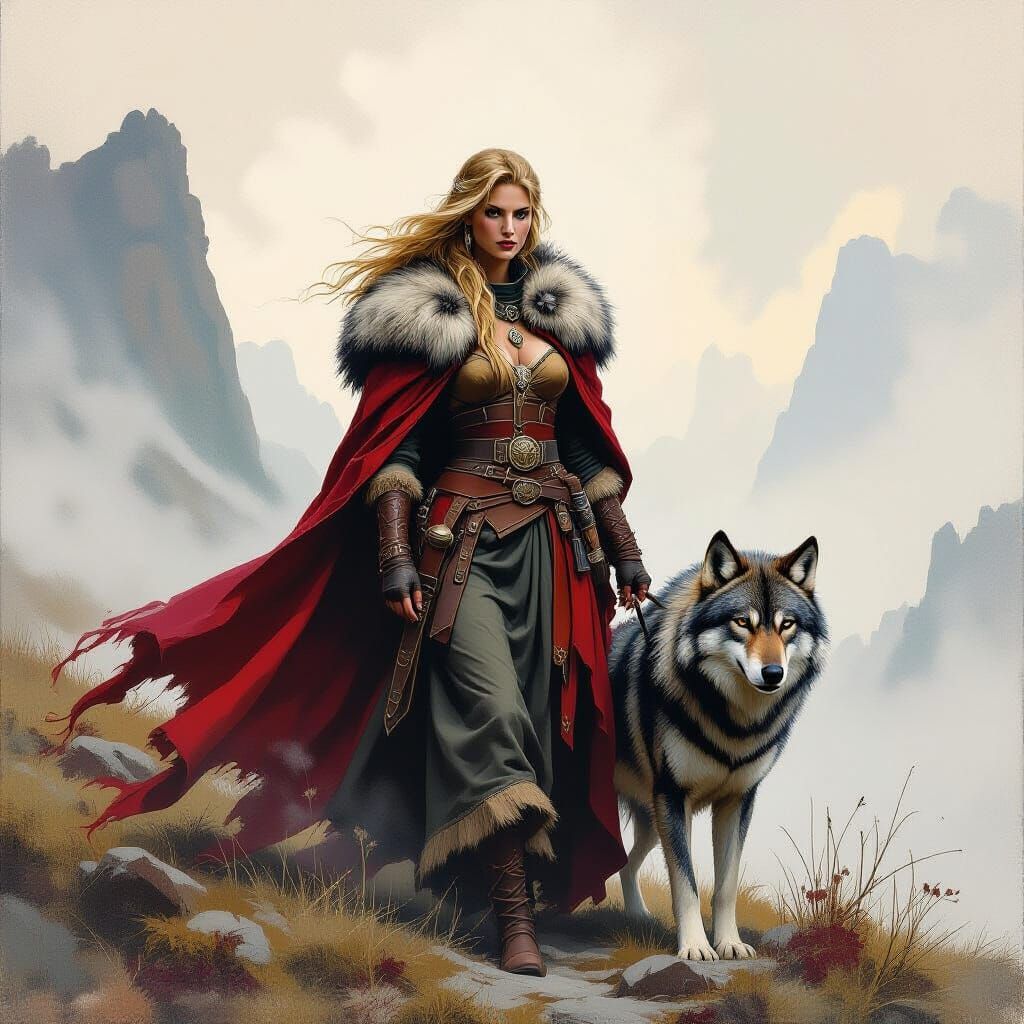 Viking Woman and Wolf in Nordic Landscape