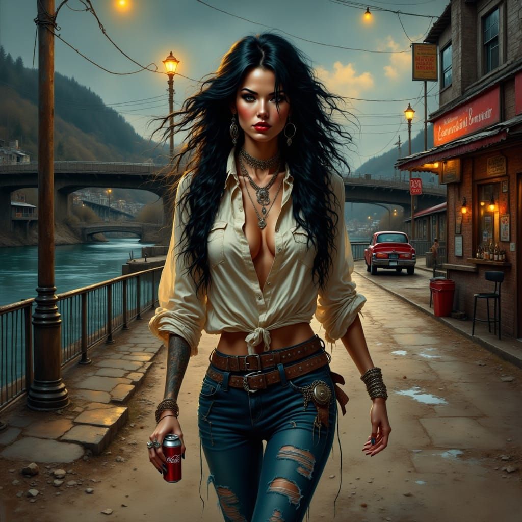 Woman with Coca-Cola in Grunge Punk Style