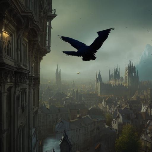 Raven Over Gothic Town: Dark Fantasy Art