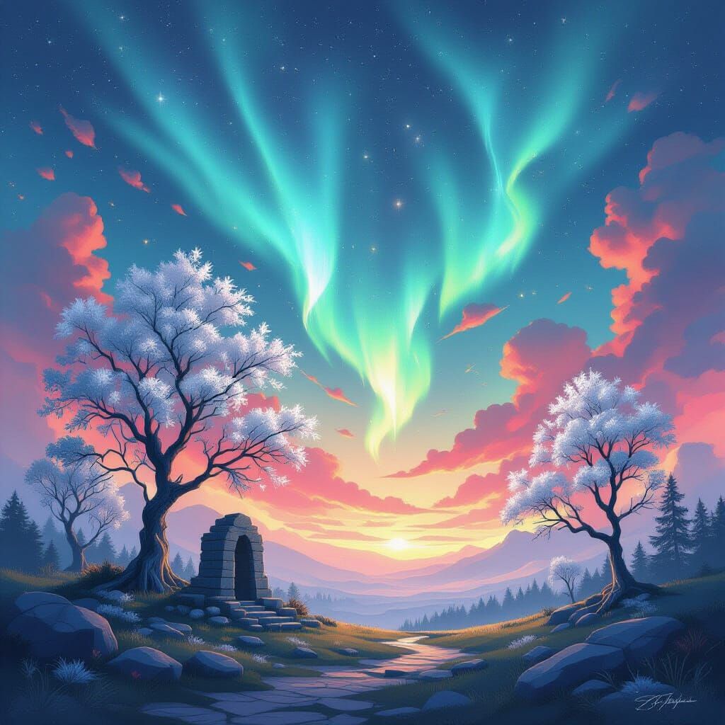 Otherworldly Landscape with Silver Trees and Cosmic Clouds