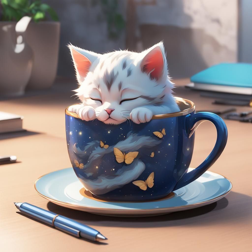 Sleeping Kitten in Mug: 3D Anime Art