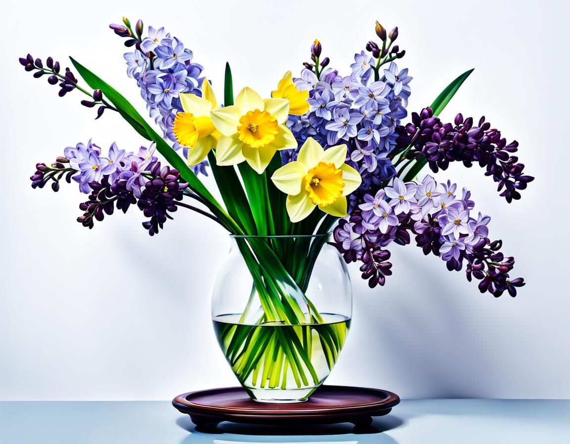 Daffodils and Lilacs in Vase as Ink Painting