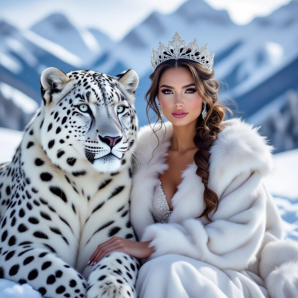 Elegant Woman with Snow Leopard in Winter Landscape