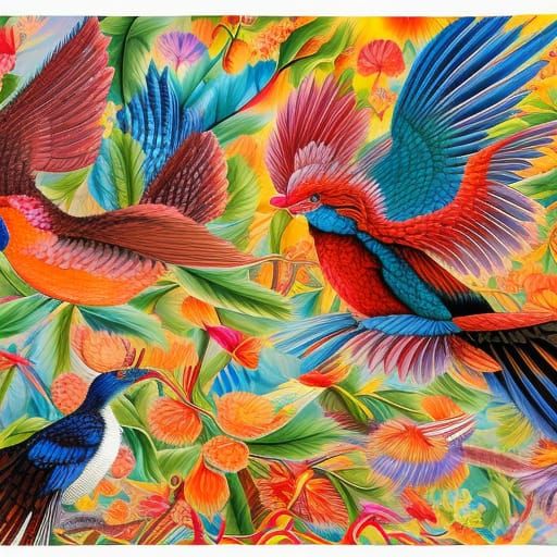 Mythical Birds in a Vibrant Seasonal Wonderland