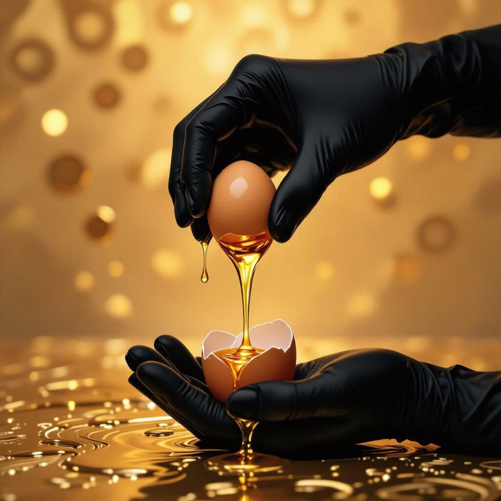 Hand Cracking Egg Revealing Liquid Gold