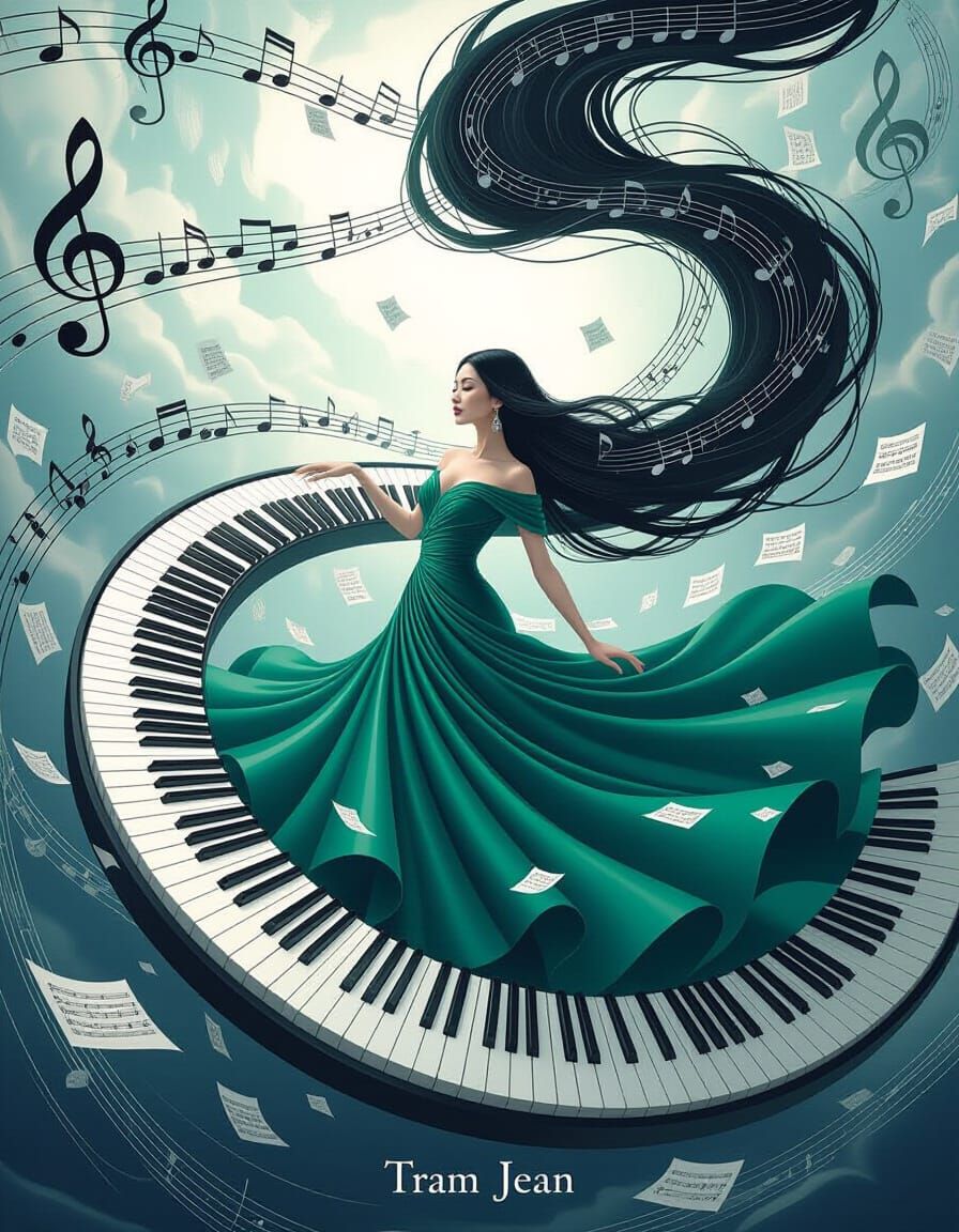 Surreal Woman with Piano Key Dress Ascends in Musical Spiral