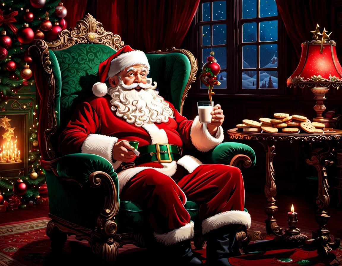 Santa Clause eating biscuits and drinking milk, sitting in a...