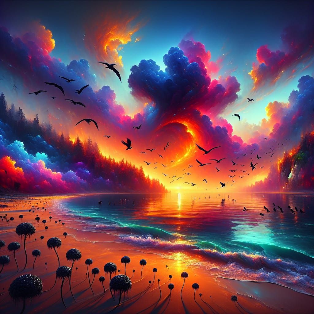 Sunset Beach with Birds and Black Flowers