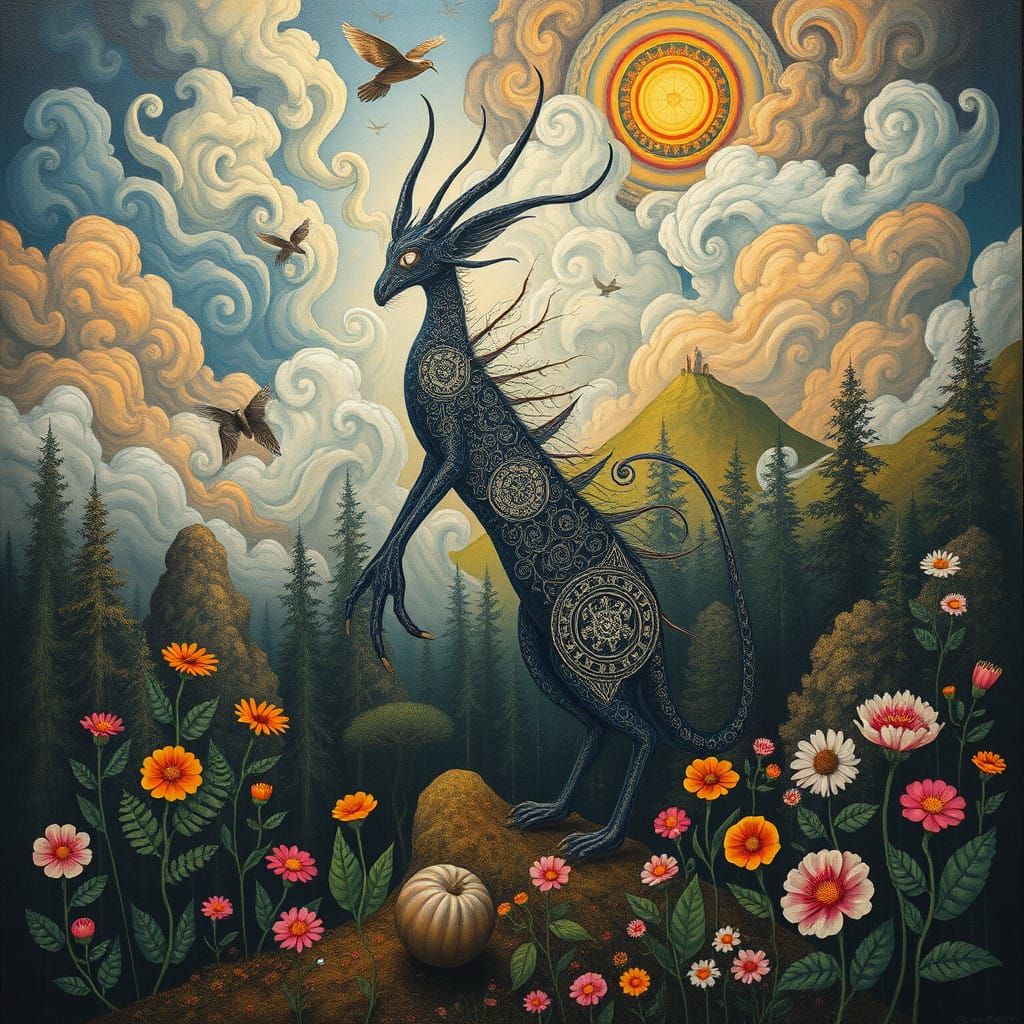 Dreamlike Creature Emerges from Vibrant Forest in Abstract S...