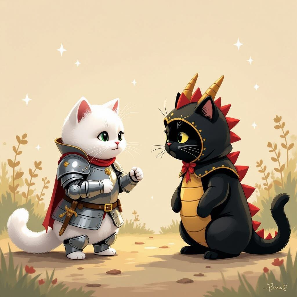 Cat Knights and Dragons in Storybook Style