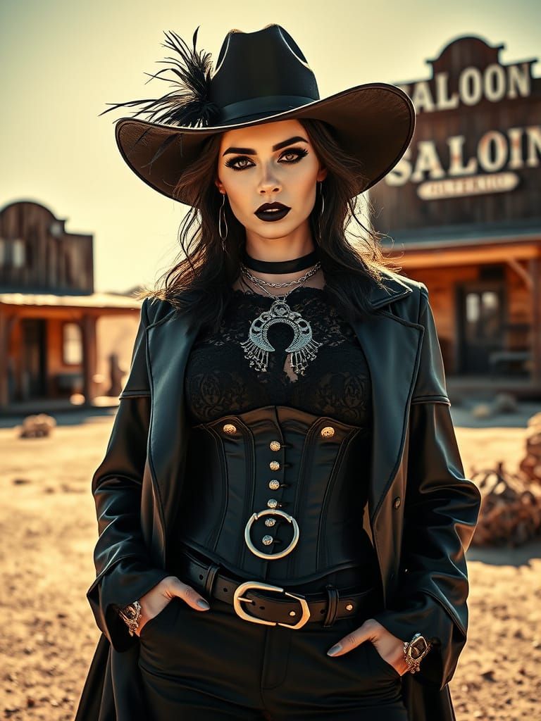 Gothic Cowgirl Portrait in a Ghost Town