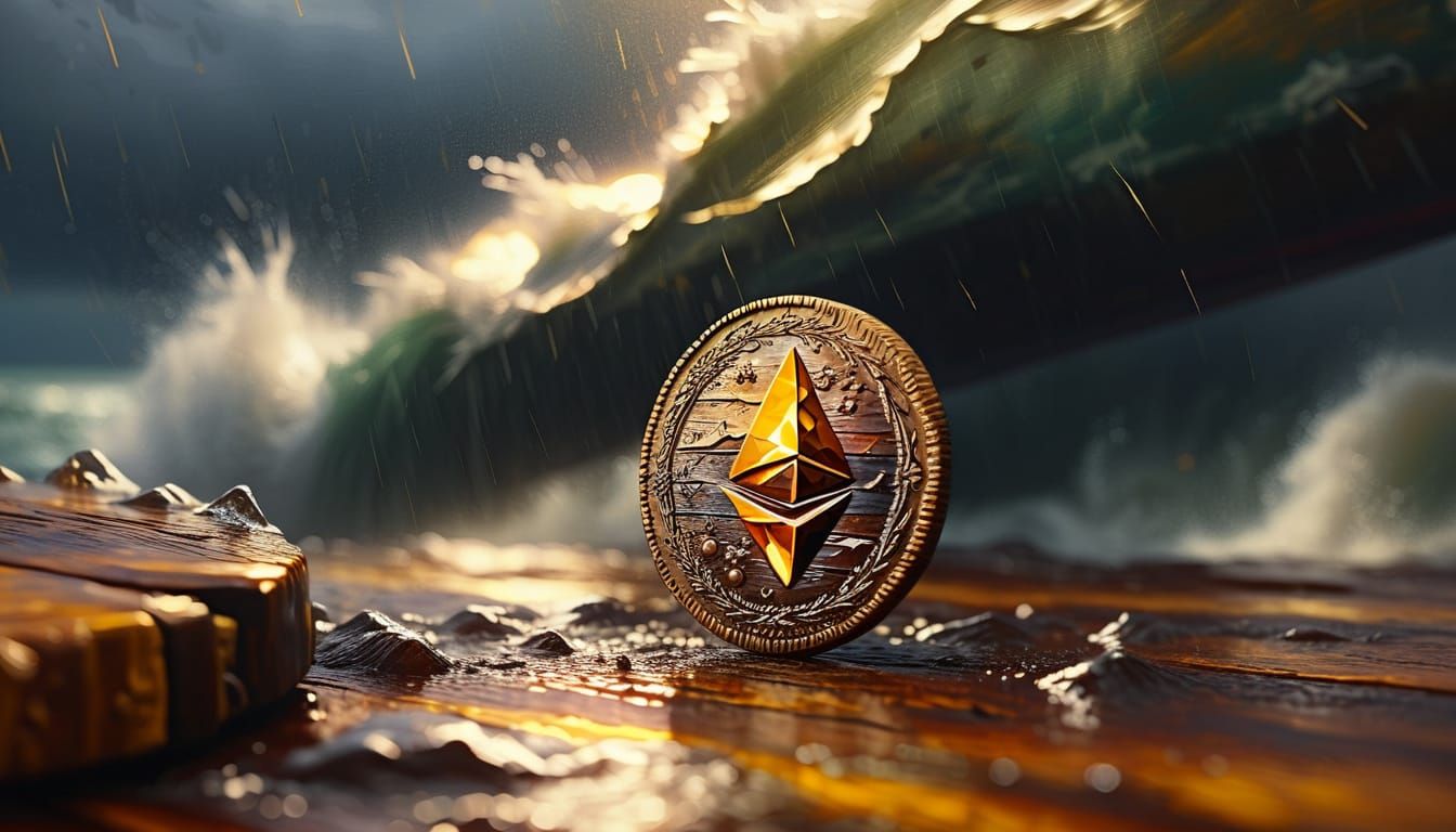 Wooden Ethereum Coin in Storm, Leonid Afremov Style