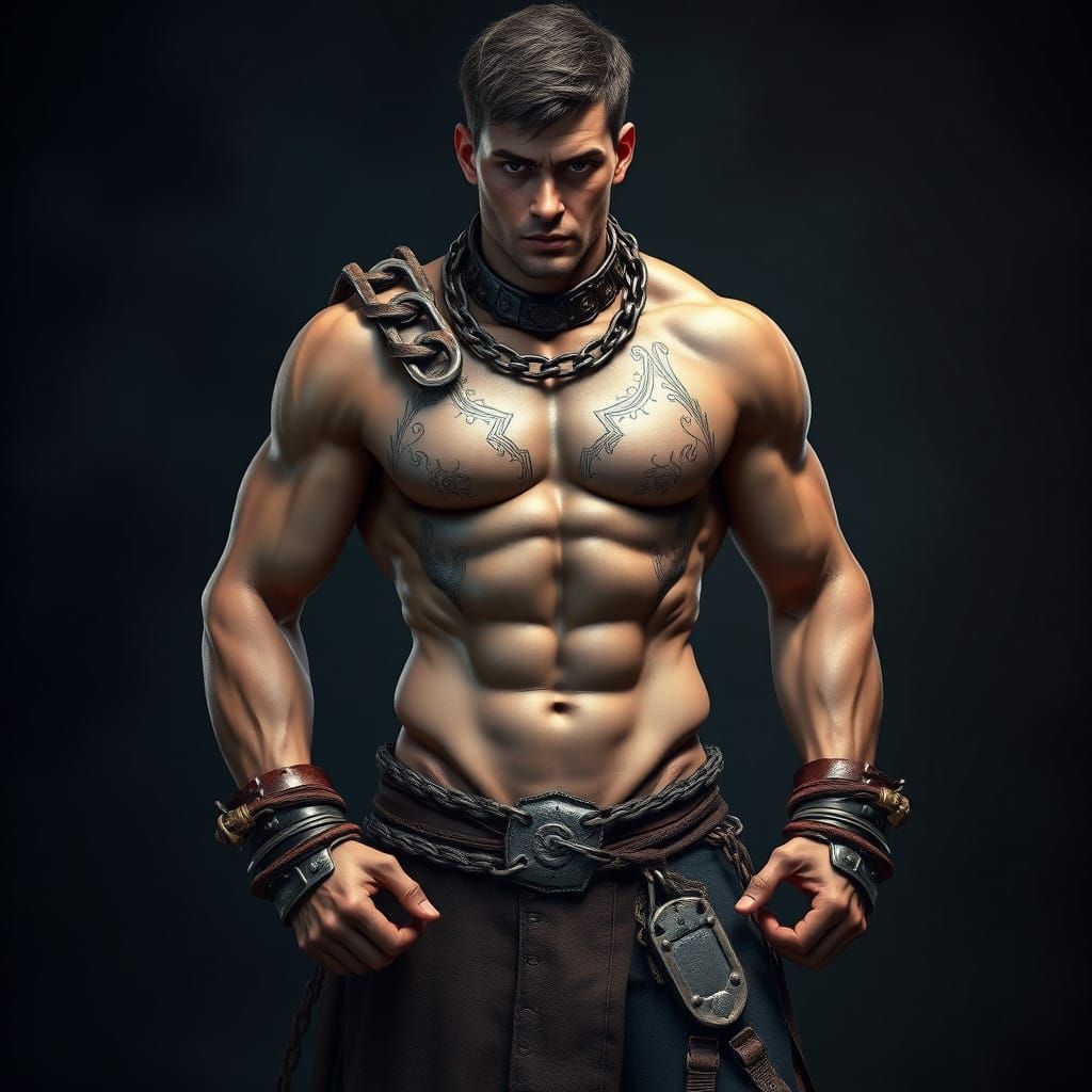 Muscular Warrior in Ornate Chains and Collar, Fantasy Concep...