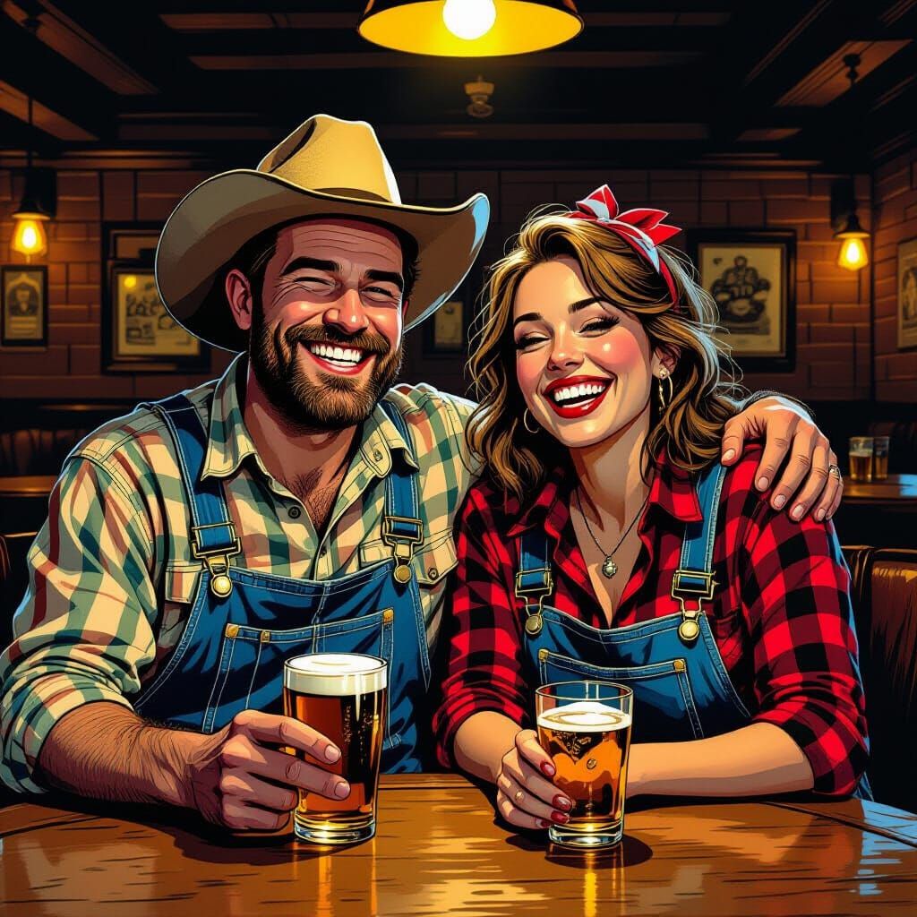 Humorous Hillbilly Couple at Dive Bar in Comic Style