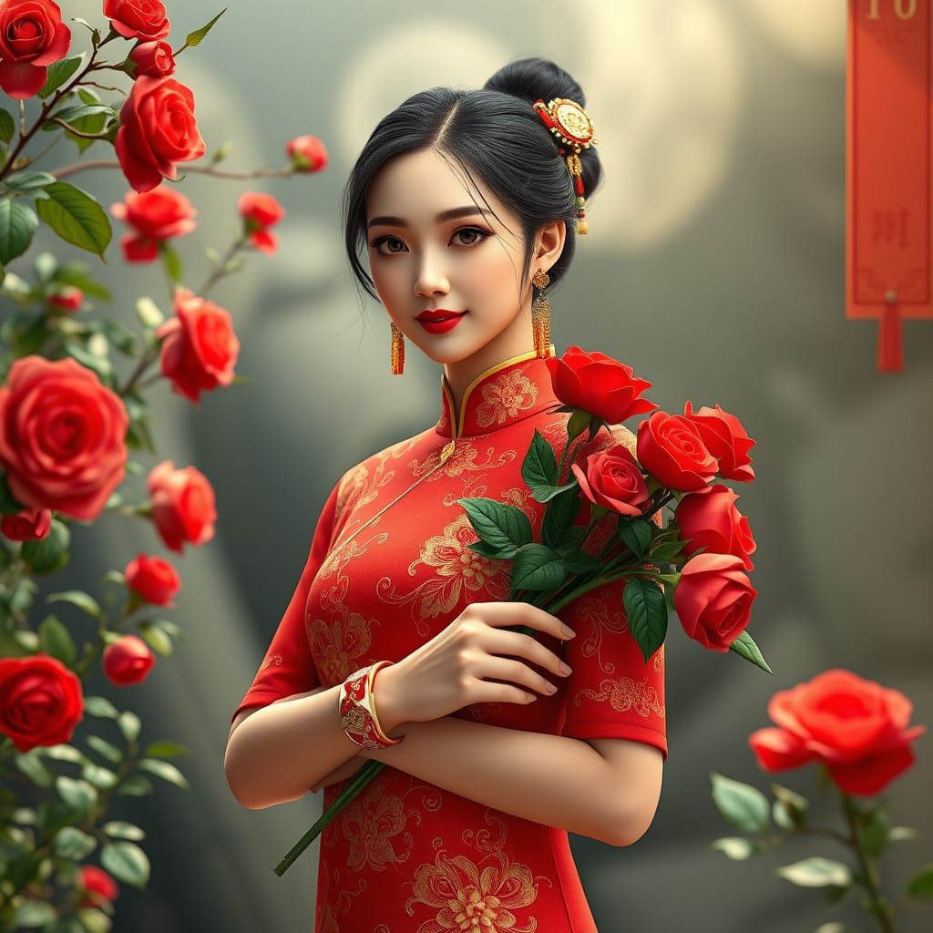 Chinese Goddess in Vibrant Red Cheongsam with Golden Embroid...