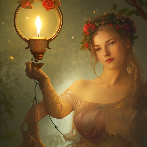 Fantasy Garden Lantern Portrait in Volumetric Lighting