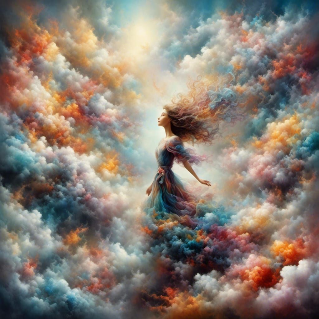 Hyperrealistic Woman in Colorful Smoky Heaven