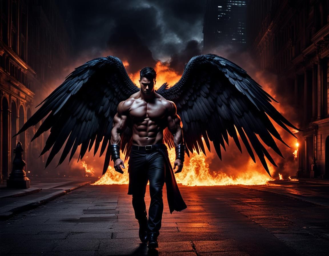 Winged Man in Burning City: Hyperrealistic Digital Art
