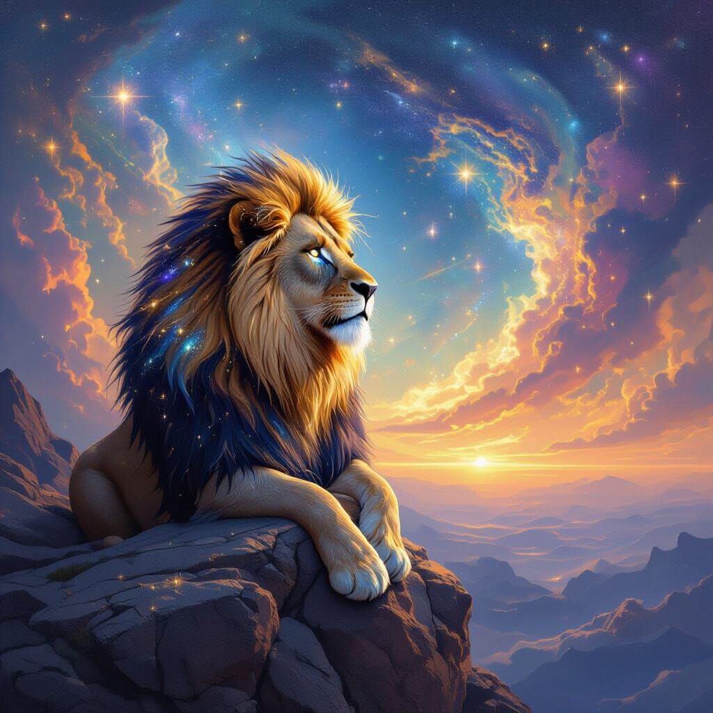 Lion with Stardust Mane Overlooking Nebula in Cosmic Surreal...