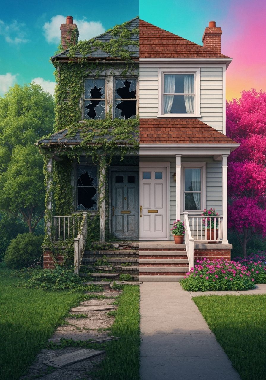 Hyperrealistic Suburban Home Divided by Decay and Perfection