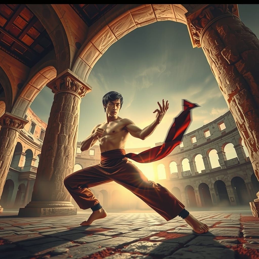 Martial Artist in Epic Kung Fu Stance amidst Ancient Colosse...
