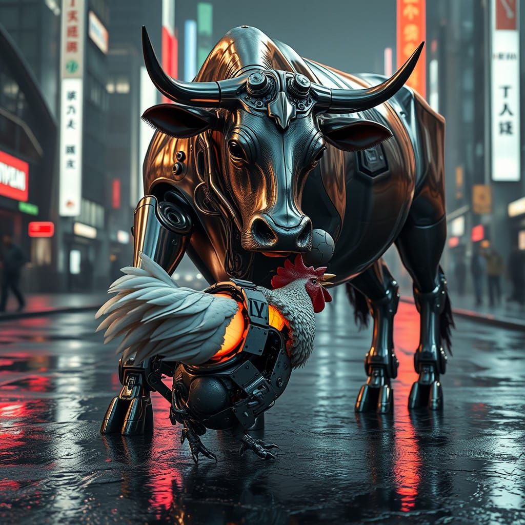 Cybernetic Cow Devours Robotic Chicken's Core in Futuristic ...