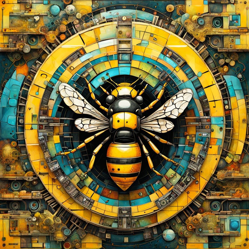 Cyborg Bee in Textured Encaustic Painting Style