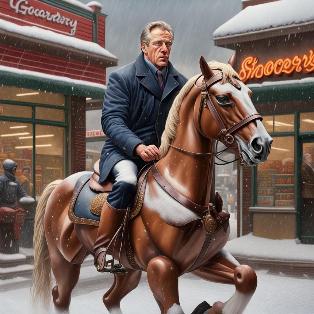 Hyperrealistic Portrait: Man on Rocking Horse in Snow